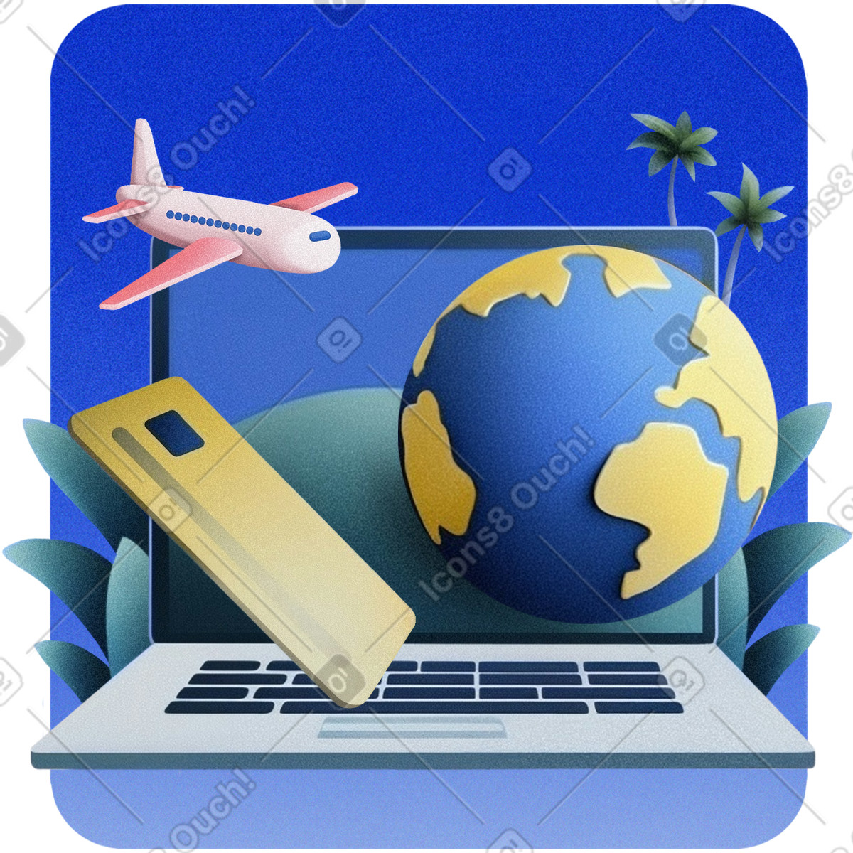 Laptop with globe airplane and credit card, Online flight booking travel planning illustration in Grainy style download in PNG, SVG