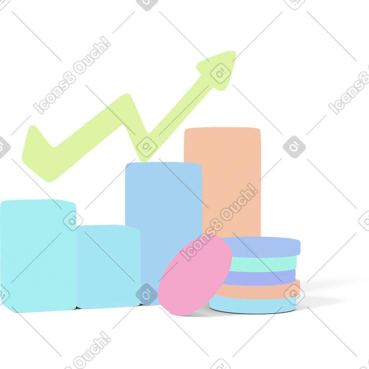Yellow ascending arrow and bar chart with coins-Illustration im 3D Casual life-Stil als Download in PNG, SVG