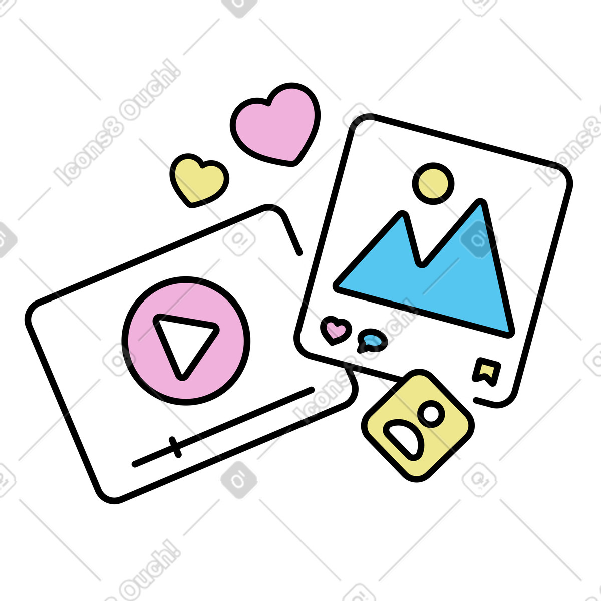 Video player and image post icons with reactions, Social network activity illustration in Mochi style download in PNG, SVG