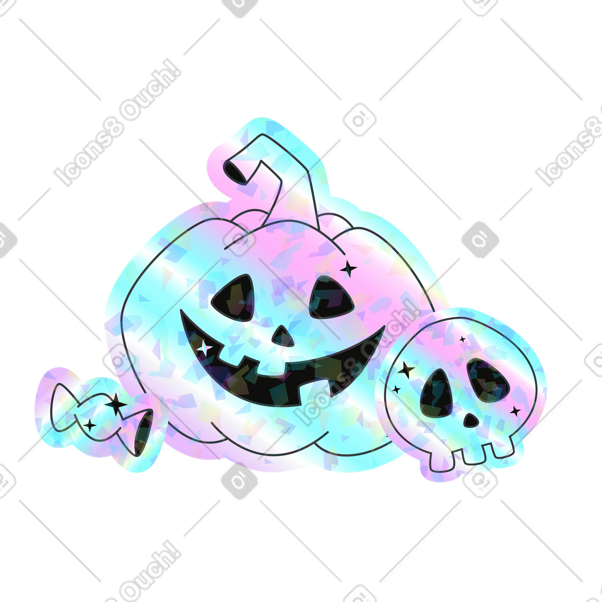 Illustration Citrouille souriante avec crâne et bonbons dans le style Holostickers à télécharger aux formats PNG, SVG