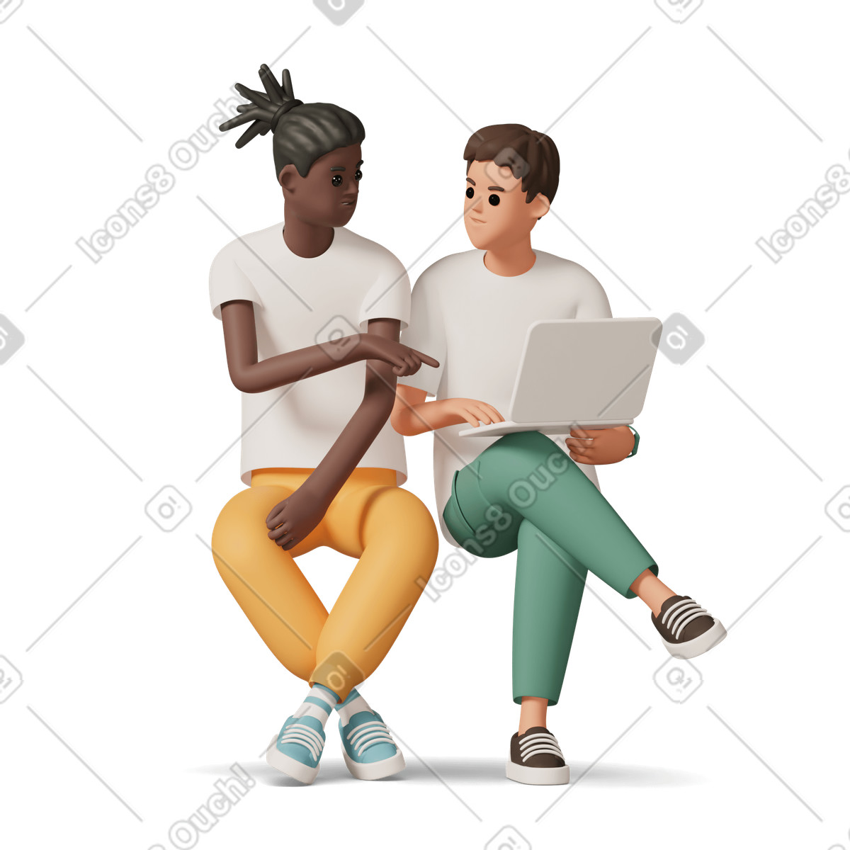 Two young men with laptop illustration in 3D Casual life style download in PNG, SVG
