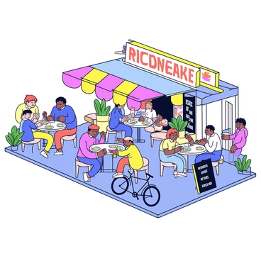 A bustling sidewalk cafe with outdoor seating arrangements. The cafe is filled with small round tables, each occupied by happy diners enjoying their meals. Some diners are laughing and engaging in conversation, while others are focused on their food. The cafe has a colorful awning providing shade, and a chalkboard sign in front reads "Free Meals for Those in Need" in bold letters. Various plants in pots add greenery to the scene. The atmosphere is lively, with a few pedestrians walking by, and a couple of bicycles parked nearby.