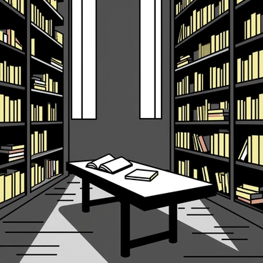 A large, dimly lit library with wooden shelves that stretch from floor to ceiling. The shelves are filled with various "dusty art books" and "ancient illustration scrolls" stacked beside one another. Some books are open, revealing intricate illustrations. A large, worn wooden table sits in the center, covered with a few scattered "art books" and an "illustration scroll." The floor is made of dark polished wood, slightly creaky underfoot, and beams of soft light filter through tall windows, highlighting the dust particles in the air.