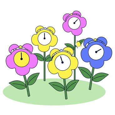 A whimsical garden filled with a variety of colorful flowers. Each flower has petals that mimic the shape of alarm clocks, featuring circular centers and small bell-like tops. The flowers are in vibrant shades of pink, yellow, and blue. In the scene, several flowers are gently swaying, their clock faces displaying different times, as if they are all chiming together. The garden has a bright, sunny background with soft green grass beneath the flowers.
