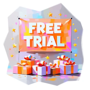A vibrant banner with 'Free Trial' text, surrounded by stars and gift boxes