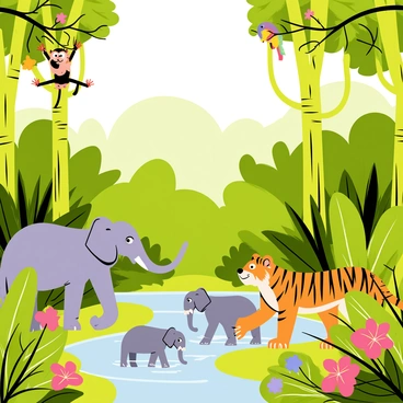 A dense jungle filled with tall, green trees and vibrant foliage. Various animals are interacting throughout the scene. A playful monkey swings from a branch, while a colorful parrot perches nearby, squawking. On the ground, a family of elephants playfully splashes in a waterhole, and a tiger prowls through the underbrush, its orange and black stripes vivid against the greenery. A cluster of bright flowers adds splashes of color throughout the landscape, enhancing the lively atmosphere of the jungle.