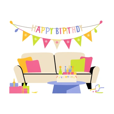 A large "Happy Birthday" banner with colorful letters hangs prominently across a living room wall. The banner is decorated with balloons and confetti printed in vibrant colors. Below the banner, a cozy couch with colorful cushions sits against the wall. A round table nearby holds a delicious cake with candles, surrounded by party hats and wrapped gifts. The floor is adorned with a few scattered streamers, adding to the festive atmosphere of the room.