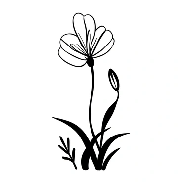 A freesia flower depicted with intricate fine line work, showcasing its delicate petals and distinctive shape. The stem is slender and gracefully curves, while additional foliage surrounds the flower. The illustration captures the intricate details of the flower's texture and structure, emphasizing its elegant appearance.