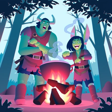 An orc with green skin and large tusks is standing beside a short goblin with big ears and a mischievous grin. They are both stirring a large pot of stew over a crackling campfire. The orc is wearing tattered leather armor, while the goblin sports a ragged tunic and has various trinkets hanging from his belt. The campfire casts a warm glow on their faces, highlighting their expressions of joy and camaraderie. The surrounding forest is dense with trees, and the ground is covered in fallen leaves and branches. Smoke curls up from the fire, giving a sense of warmth in the cool evening air.