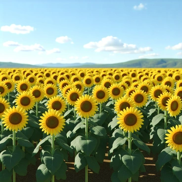 A vast field of sunflowers with tall, vibrant yellow blooms, their faces turned toward the sun. The sunflowers are surrounded by lush green leaves, creating a rich contrast with the golden petals. In the background, the horizon is dotted with distant hills, adding depth to the scene. Above, a bright blue sky is filled with a few fluffy white clouds, casting soft shadows on the field below. The entire scene radiates a feeling of warmth and abundance.
