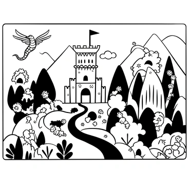 A large illustration board features a detailed fantasy scene. In the foreground, there is a towering castle with intricate battlements and flags fluttering in the wind. A winding path leads from the castle towards a lush forest filled with towering trees and intricate vines. On one side of the board, a majestic dragon is flying above the castle, its wings spread wide. In the background, mountains rise dramatically, partially obscured by wispy clouds. Surrounding the scene, various mythical creatures, such as fairies and centaurs, are depicted interacting with the environment, adding to the rich narrative of the artwork.