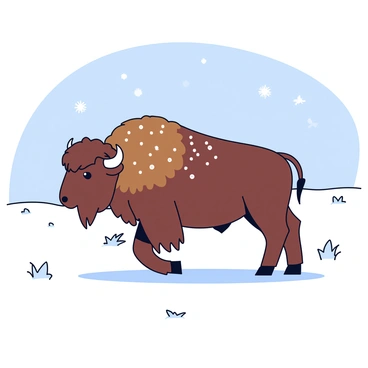 A bison standing in a snowy landscape. The bison has a thick brown coat dusted with delicate white snowflakes. Surrounding the bison is a vast expanse of white snow, with a few tufts of grass peeking through. The sky is clear with a hint of blue, and the soft sunlight casts gentle shadows across the ground.