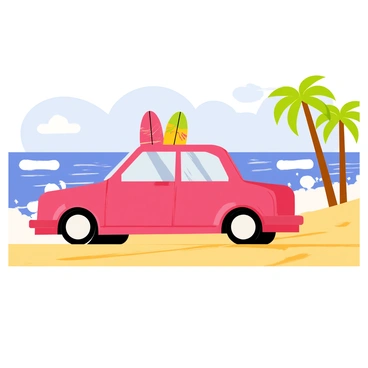 A car driving along a sandy beach with surfboards on the roof, and waves crashing nearby