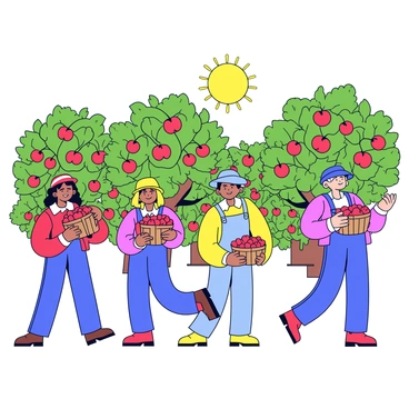 A group of farmers picking ripe cherries from bright red cherry trees. Each farmer is holding a basket filled with cherries, showcasing their harvest. The trees are lush with vibrant green leaves surrounding the clusters of cherries. The sun is shining brightly, casting gentle shadows on the ground below. In the background, more cherry trees can be seen, creating a rich tapestry of green foliage.
