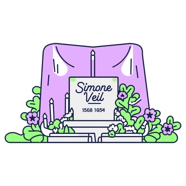 A memorial scene dedicated to "Simone Veil" is set in a tranquil environment. In the center, there is a stone pedestal with an engraving of her name and dates, surrounded by a circle of green and purple flowers. Around the pedestal, several candles are arranged, flickering gently. The flowers are various types, all set in neat clusters, contributing to the respectful atmosphere. The background features a soft, flowing fabric draped elegantly, adding to the solemnity of the scene.
