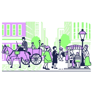 A bustling Victorian-era city street filled with people and activity. On the left side, a horse-drawn carriage is moving along the cobblestone road, with a driver wearing a top hat. Several elegantly dressed men and women are walking on the sidewalk, some holding parasols and others chatting. In the background, there are tall buildings with intricate architectural details and large windows. On the right side, a street vendor is selling newspapers and snacks from a small stand, with a few children gathered around. Above, gas lamps are lit, illuminating the scene in a warm glow.