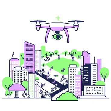 A drone with a camera is flying high above an urban cityscape. The drone is sleek and modern, with four propellers visibly spinning as it hovers in the air. Below, a variety of tall skyscrapers and buildings made of glass and concrete create a complex skyline. The streets are filled with vehicles and pedestrians going about their day. In the background, a park can be seen amidst the urban environment, with trees and a walking path. The sky is clear, enhancing the view of the bustling city below.