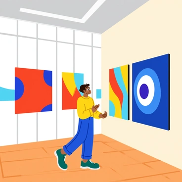 Sukuna, a character with distinct features, stands in a modern art gallery, observing a vibrant collection of colorful paintings that adorn the walls. The gallery has a sleek, contemporary design, featuring large windows that allow natural light to fill the space. Surrounding Sukuna, various abstract artworks in bold hues of red, blue, and yellow create an energetic atmosphere. Sukuna's expression reflects deep thought as he studies a large painting showcasing swirling patterns and dynamic shapes. The floor is polished wood, enhancing the modern aesthetic of the gallery.