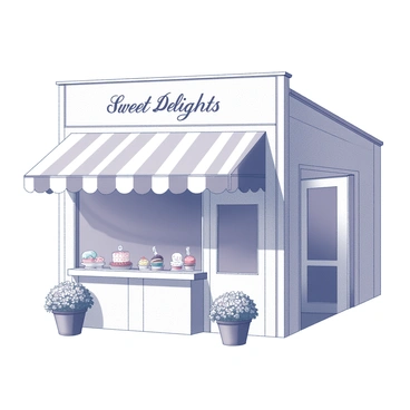 The exterior of a quaint sweet shop features a charming façade made of white-painted wood. It has large, inviting windows that display an assortment of colorful confections within. A striped awning extends over the entrance, providing shelter and adding a playful touch to the scene. Above the door, a sign in elegant lettering reads "Sweet Delights." The shop is flanked by potted flowers, bringing life to the setting. The overall atmosphere conveys a sense of warmth and hospitality.