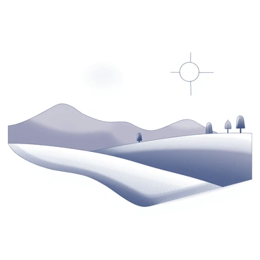 A landscape featuring rolling hills and a clear horizon line. The hills are represented by smooth, curved lines that gently rise and fall. A stylized sun is positioned at the top of the image, partially obscured by the hills. There are a few simple trees outlined with minimal detail scattered throughout the scene. The overall composition emphasizes the simplicity of nature, using clean lines to convey the serene environment.