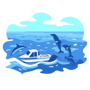 A small boat is sailing across a vast ocean, with waves gently rippling around it. The boat is white with a blue stripe along the side. Beside the boat, a pod of dolphins is playfully leaping out of the water, their sleek bodies glistening in the sunlight. The ocean is a deep blue, contrasting with the white foam created by the waves. In the background, the horizon stretches far into the distance, where the sky meets the sea, showing a clear blue expanse.