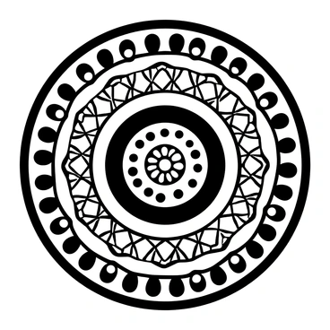 A mandala composed of concentric circles, each featuring intricate patterns. The outermost circle has a detailed geometric design, while the inner circles present a variety of symmetrical motifs. Each section of the circles alternates with distinct patterns, creating a visually complex structure. The overall composition is centered, drawing the eye inward toward the core of the mandala.