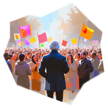 A historical scene depicting "Karl Marx" standing at the forefront of a large crowd of diverse individuals. He has a distinguished appearance with a full beard and is wearing a dark coat. The gathering is animated, with many people joyfully singing "The Internationale." Colorful flags in various designs are waving above the crowd, creating a vibrant atmosphere. The participants include men and women of different ages and ethnicities, all united in celebration. The background is filled with trees and a clear sky, enhancing the lively spirit of the gathering.
