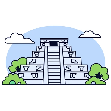 A grand Aztec teocalli stands prominently against the sky. The structure features tiered levels with a wide staircase leading to the top. Intricate stone carvings adorn the sides, depicting various Aztec symbols and figures. Surrounding the teocalli is a lush landscape with green foliage and a few scattered flowers. The horizon shows a clear blue sky with a few fluffy white clouds.