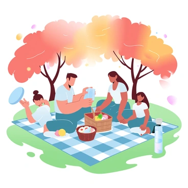 A family consisting of four members is sitting on a large, checkered picnic blanket spread out on the green grass. The parents are unpacking a picnic basket filled with fruits, sandwiches, and beverages. Two children, a boy and a girl, are playing with a frisbee nearby. Surrounding them is a dense collection of trees with vibrant autumn foliage in various shades of red, orange, and yellow. Soft sunlight filters through the leaves, casting gentle light patterns onto the ground. A small, woven picnic basket and a few plates are placed on the blanket, and a bottle of lemonade sits next to them.