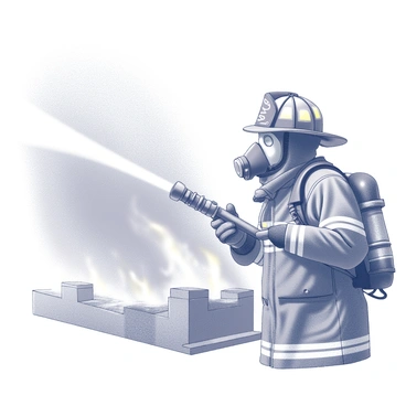 A firefighter wearing an oxygen mask is actively battling a fire. The firefighter is dressed in protective gear, including a helmet, gloves, and a thick, insulated jacket. Flames are engulfing a nearby structure, producing dense smoke that billows into the air. The firefighter is holding a high-pressure water hose, directing a powerful stream of water towards the blaze. In the background, the scene is chaotic, with hints of the fire truck and other emergency responders working to control the situation.