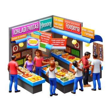 A bustling international market filled with vibrant stalls offering a variety of goods. Colorful signs in multiple languages are prominently displayed above each stall. Diverse shoppers of different ethnicities are seen interacting as they browse through fresh fruits, vegetables, handmade crafts, and spices. The atmosphere is lively, with people engaging in conversation and exchanging smiles. A display of intricate textiles and souvenirs can be seen in the background, adding to the rich tapestry of cultural elements in the scene.