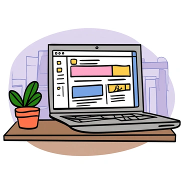 A modern digital publishing platform interface displayed on a laptop screen. The screen shows a clean layout with various sections including a toolbar at the top with icons for tools and features. There are several open tabs showcasing articles, images, and editing tools. The laptop is silver with a sleek, thin design, placed on a wooden desk. A small potted plant is visible next to the laptop, adding a touch of greenery to the workspace. The background shows a softly lit room with a hint of a bookshelf in the distance.
