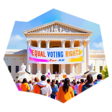 A banner with the words 'Equal Voting Rights for All' in front of a government building