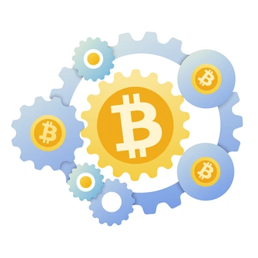 A 3D gear system is composed of several spinning gears, each designed to resemble a bitcoin. Each bitcoin gear features the distinct golden color and intricate details of the bitcoin symbol prominently displayed in the center. The gears vary in size and are interconnected, demonstrating a mechanical interplay as they rotate. The background is a soft gradient that seamlessly blends from light to dark shades, enhancing the focus on the dynamic movement of the bitcoin gears. The scene captures the movement and interaction of the gears in a continuous cycle, emphasizing the mechanical efficiency of the system.