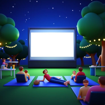 A large outdoor screen displaying a movie scene in a park. Families are sitting on picnic blankets and lawn chairs in front of the screen. Some children are lying on their stomachs, propped up on their elbows, while adults are sitting beside them, smiling and enjoying the film. The night sky is filled with stars, casting a gentle glow over the scene. There are trees surrounding the park, with twinkling fairy lights strung from their branches. A few snack tables are set up nearby, with popcorn and drinks available for the families.