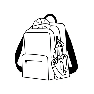 A school bag placed on a flat surface, featuring a basketball peeking out from the top of the bag. The bag is detailed with zippers and straps. Attached to the side of the bag are sports shoes, tied together by their laces, hanging in a way that emphasizes their design. The overall composition highlights the sporty and active theme.