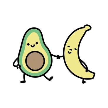 An avocado character with a brown seed in the center and a green outer skin, standing next to a banana character with a bright yellow peel and a curved shape. Both characters are smiling, showcasing friendly expressions. The avocado has small limbs and is holding hands with the banana, which also has small arms. They are positioned side by side, conveying a sense of friendship and playfulness. The background is kept minimalistic to highlight the characters.