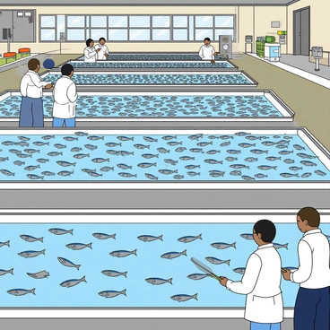 A busy fish hatchery scene filled with long rows of clear trays. Each tray is filled with water and contains dozens of tiny fish swimming energetically. The fish are various shades of silver and blue, darting around in clusters. Around the trays, a few people in white lab coats are monitoring the fish closely, using nets to gently scoop them out occasionally. There are large windows in the background allowing natural light to flood the space, enhancing the vibrancy of the fish. Various pieces of equipment, such as aerators and filters, are visible, adding a sense of a working environment. The atmosphere is lively, with the sounds of water splashing and discussions among staff members.