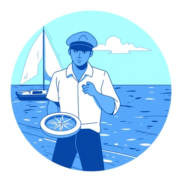 A blue sailor wearing a white shirt and a navy hat is holding a silver compass in his right hand. He stands on the deck of a wooden sailboat, gazing intently at the compass as he navigates. The ocean around him stretches out infinitely, with gentle waves reflecting sunlight. In the background, a white sail is billowing softly in the light breeze. The sky above is clear, with a few wispy clouds drifting lazily.