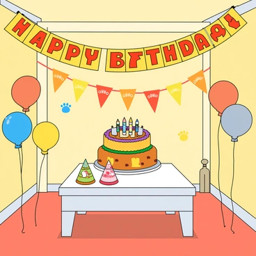 A room filled with colorful decorations for a birthday celebration. The walls are adorned with a long, cheerful banner that features alternating paw prints in various colors, all leading to the bold text saying "Happy Birthday!" in bright letters. There are balloons in playful shapes scattered around, including a few shaped like paw prints. A table is set with a cake covered in colorful frosting and featuring playful animal figurines on top. Streamers hang from the ceiling, and there are playful party hats placed on the table ready for guests.