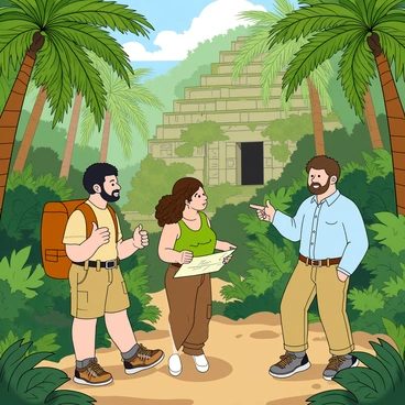 A group of three adventurers, two men and one woman, are trekking through a lush, dense jungle filled with tall palm trees and vibrant green foliage. The first man has short black hair and is wearing a beige t-shirt and cargo shorts, carrying a large backpack. The woman has curly brown hair tied back and is dressed in a green tank top and brown leggings, holding a map in one hand. The second man has a beard and is wearing a light blue shirt and khaki pants, pointing towards the direction of some hidden ruins partially obscured by vines and leaves. Sunlight filters through the canopy, casting dappled shadows on the ground, creating a sense of adventure and discovery. The ruins are ancient stone structures covered in moss, with intricate carvings visible on their surfaces.