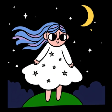An anime character with large, expressive eyes that reflect the starry night sky. The character has long, flowing hair that shimmers with shades of deep blue and purple. They are wearing a white dress adorned with silver stars, which contrasts against the dark background. The character is standing on a hilltop, with a gentle breeze blowing their hair and dress, creating a sense of movement. The night sky is filled with twinkling stars, and a bright crescent moon illuminates the scene.