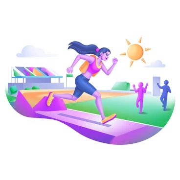 A sprinter with a determined expression is bursting off the starting blocks, capturing the intensity of the moment. The athlete is wearing vibrant athletic gear, featuring a mix of bright colors. The running track is painted in multiple hues, creating a lively background. Surrounding the track are cheering spectators, depicted as colorful silhouettes, adding to the energetic atmosphere. The sun is shining brightly overhead, casting dynamic shadows on the track and the athlete.