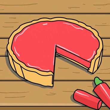 A freshly baked rhubarb tart placed on a rustic wooden table. The tart has a golden-brown crust that is slightly fluted around the edges. It is cut into neat triangular slices, revealing the juicy, pink rhubarb filling inside. The filling glistens with a sweet glaze, showcasing the vibrant color of the rhubarb. A few pieces of rhubarb are scattered on the table beside the tart, adding to the rustic feel. The light in the scene is warm, highlighting the textures of the pastry and the juicy filling.