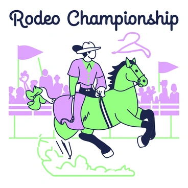 A vintage-style poster featuring a bucking horse at a rodeo event. The horse is depicted mid-leap, with its mane flowing and muscles tensed, showcasing its power. A cowboy, dressed in a classic Western outfit with a wide-brimmed hat, is firmly gripping the reins while sitting atop the horse. In the background, a crowd of spectators is visible, their forms capturing the excitement of the event. Banners and flags flutter in the wind, adding to the lively atmosphere. The text "Rodeo Championship" is prominently displayed at the top in an ornate font.