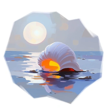 A nautilus shell, intricately patterned and glowing softly, is positioned in the foreground of a tranquil ocean scene. The moonlight casts a gentle, silvery light across the surface of the water, creating subtle reflections. The ocean is calm, with a few ripples gently breaking the surface. In the background, faint outlines of distant waves or a shoreline can be seen under the night sky, adding depth to the composition. The atmosphere conveys a sense of peacefulness as the nautilus rests amidst the serene waters.
