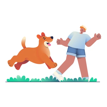 A happy brown dog with a shiny coat is jumping up with excitement, its tail wagging energetically. The dog's ears are perked up, and it has a big smile on its face, showing its playful demeanor. In the background, a person is bending down with open arms, ready to greet the dog. The person has short hair and is wearing a light blue t-shirt and denim shorts. The grass beneath their feet is lush and green, creating a vibrant scene of joyful reunion.