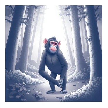 A solitary mandrill stands among the trees in a dense forest. The mandrill has a vibrant face with striking features, including a prominent red and blue muzzle. Thick foliage surrounds the mandrill, with tall trees creating a canopy overhead. Soft mist swirls around the base of the trees, adding a sense of mystery to the atmosphere. The ground is covered with scattered leaves and underbrush, while occasional beams of light break through the dense foliage, illuminating the mandrill's figure softly.