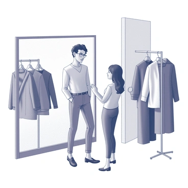 A patron is standing in front of a full-length mirror inside a trendy fashion store. The patron is wearing a stylish outfit, assessing their reflection with a thoughtful expression. Various clothing items are displayed on racks nearby, showcasing a variety of styles and patterns. The store has a modern design with sleek lines and minimalist decor. A fitting room is visible in the background, partially open with clothing hung on the door. The scene captures the excitement of trying on different outfits.