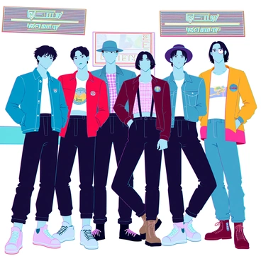 A group of seven young men from BTS, each wearing distinct retro outfits reminiscent of the 1950s. The first member is in a vibrant blue jacket with a white t-shirt and rolled-up jeans, while another wears a red cardigan over a plaid shirt with high-waisted trousers. The third member sports a leather jacket with a graphic tee and black jeans. The fourth is wearing a polka dot shirt with suspenders and loose-fitting slacks. The fifth member has a styled denim jacket and a fedora, and the sixth is in a bright yellow sweater with a retro badge on it. The seventh member is dressed in a classic white tee with an oversized cardigan. They are posing together at a vintage-themed diner filled with chrome details and checkered floors. The background features colorful neon signs that illuminate the setting, enhancing the nostalgic vibe.